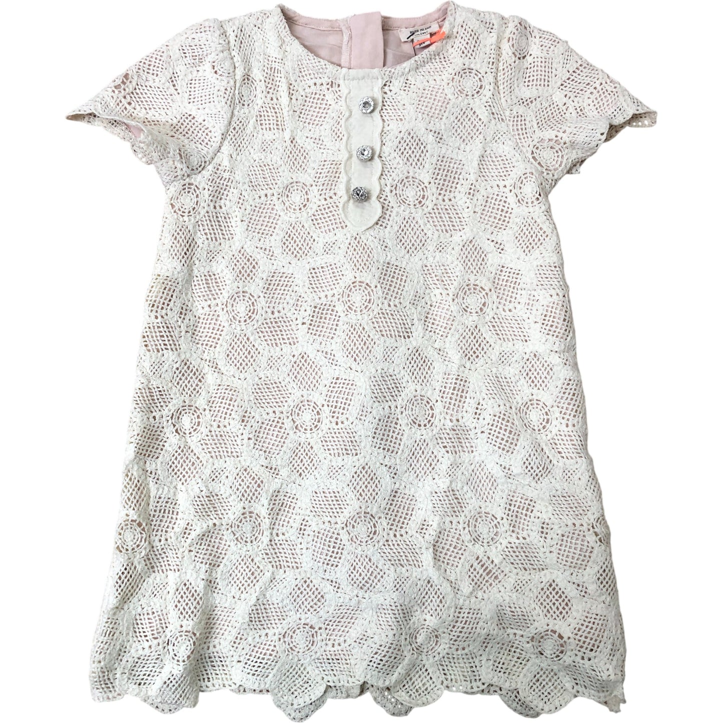 River Island Girls Crochet Dress 2-3 Years Cream Floral Scalloped Hem Buttons