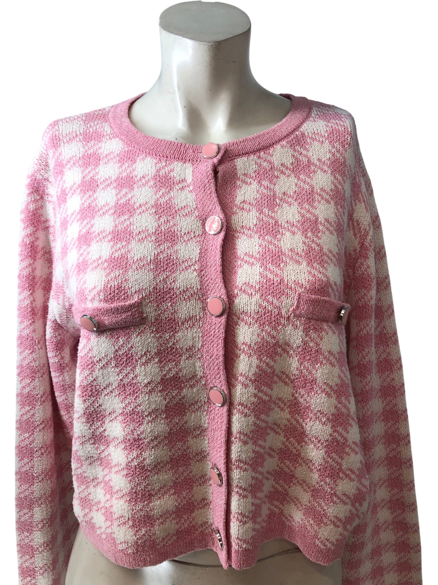 River Island Radical Romance Cardigan UK8 Women's Pink Check Knit Sweater