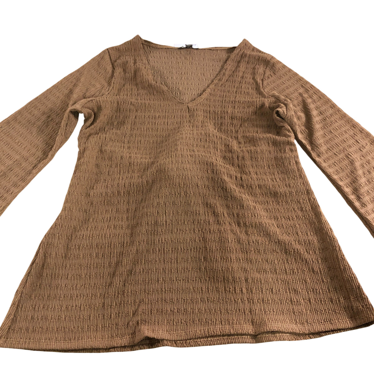 River Island Women's Top UK Large Brown V Neck Long Sleeve Textured Blouse