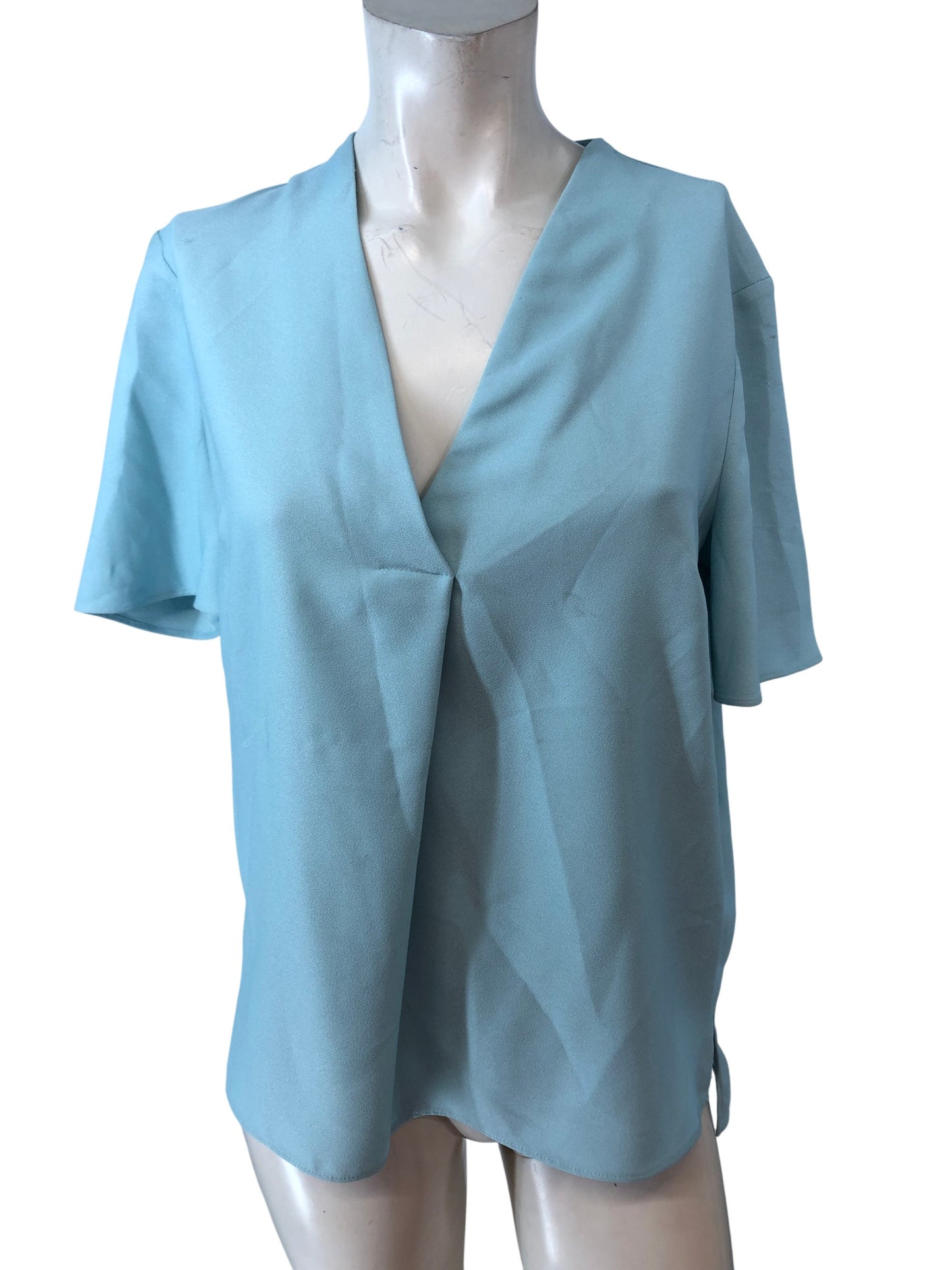 River Island Women's V Neck Blouse Size 10 Aqua Short Sleeve Polyester Top