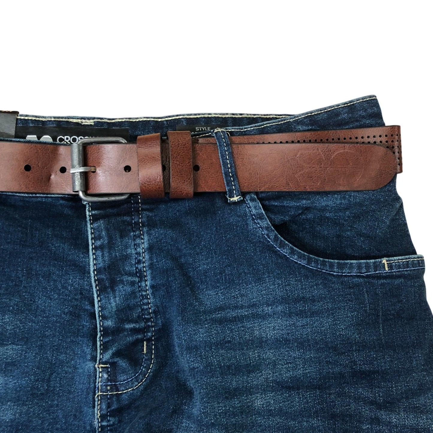 Crosshatch Farrowed 40S Men's Denim Jeans With Brown Leather Belt Dark Wash