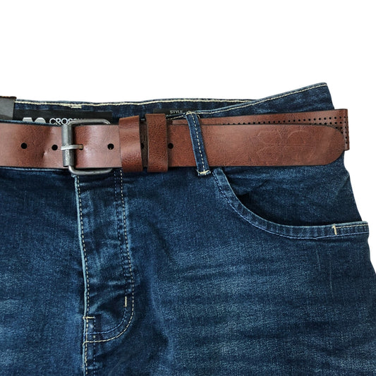 Crosshatch Farrowed 40S Men's Denim Jeans With Brown Leather Belt Dark Wash