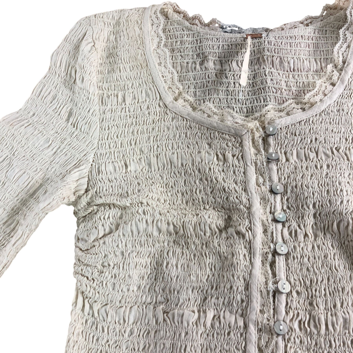 Women's Beige Smocked Long Sleeve Blouse Frill Details