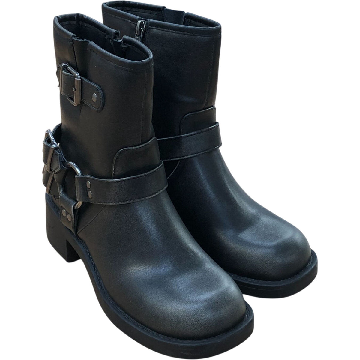 Chunky Heeled Ankle Boots UK4 Women's Black Faux Leather Zipper Detail