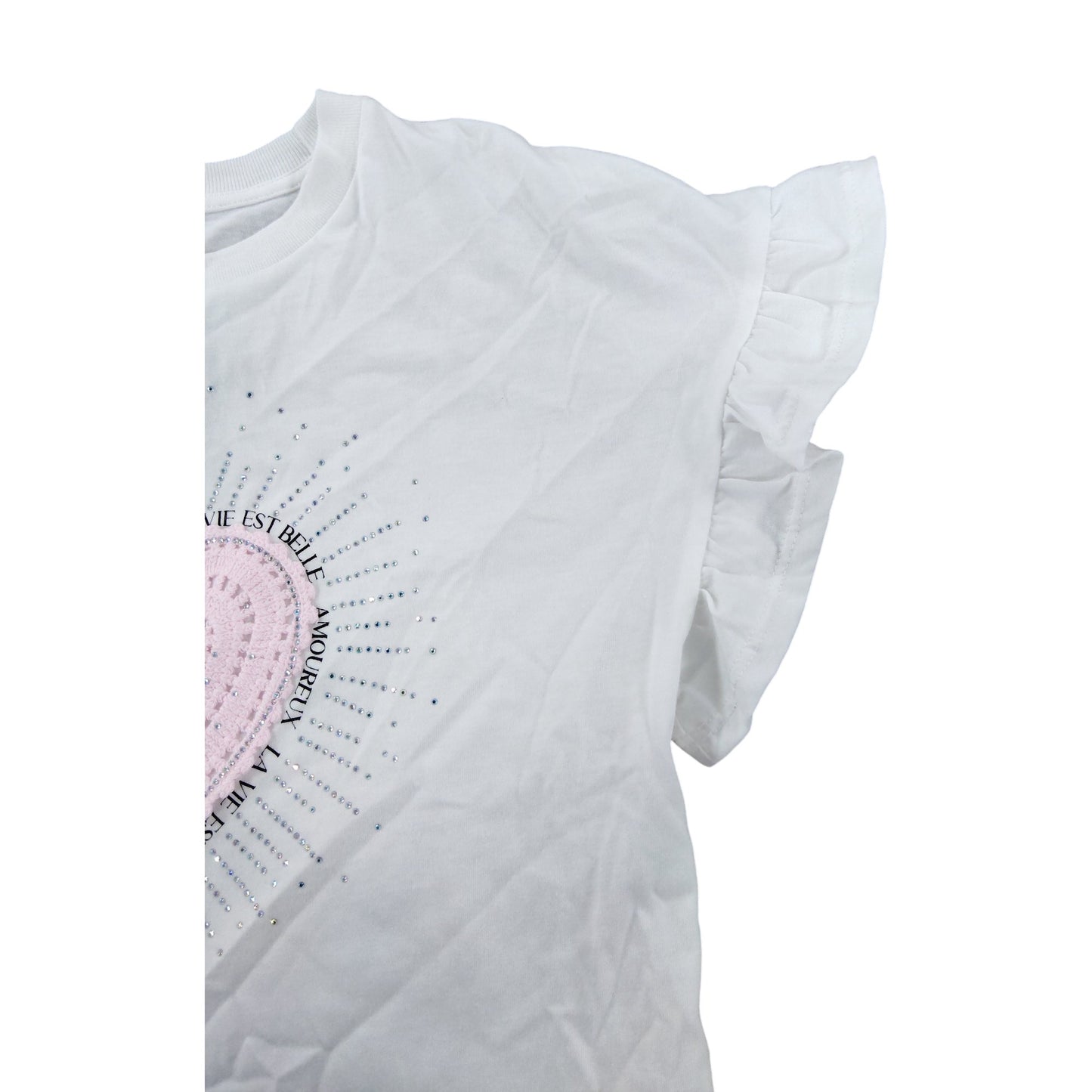 River Island Girls Top Size 9-10 White Heart Print Ruffled Sleeve T-Shirt