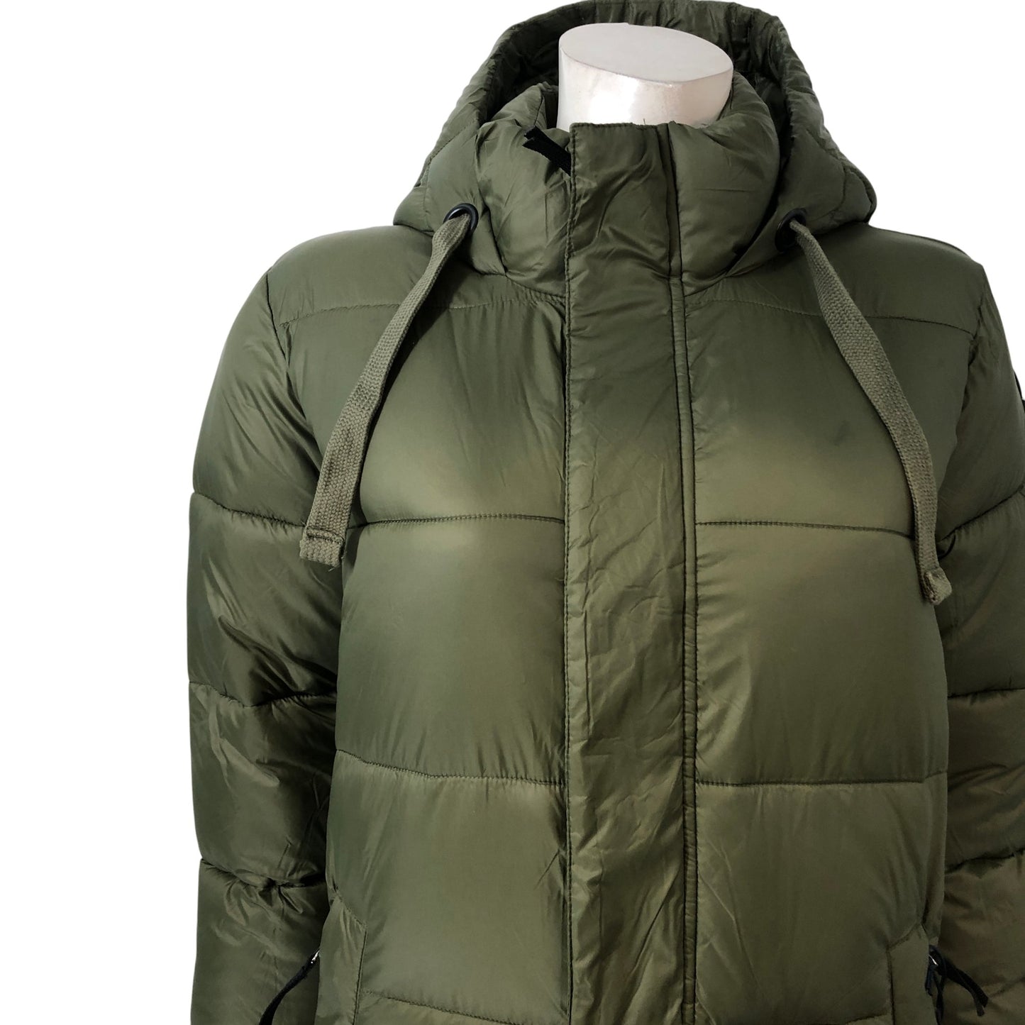 Tog24 Women's Puffer Jacket Olive Green Long Coat Hooded Warm Size 8