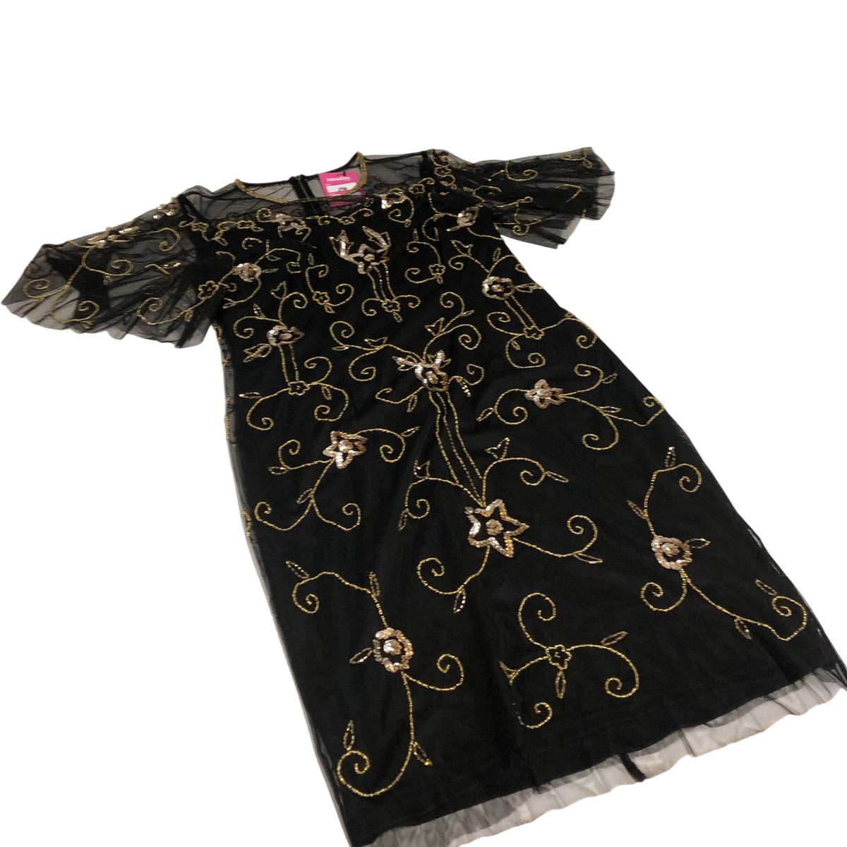 Women's Black Floral Beaded Embroidered Dress Short Sleeve UK14
