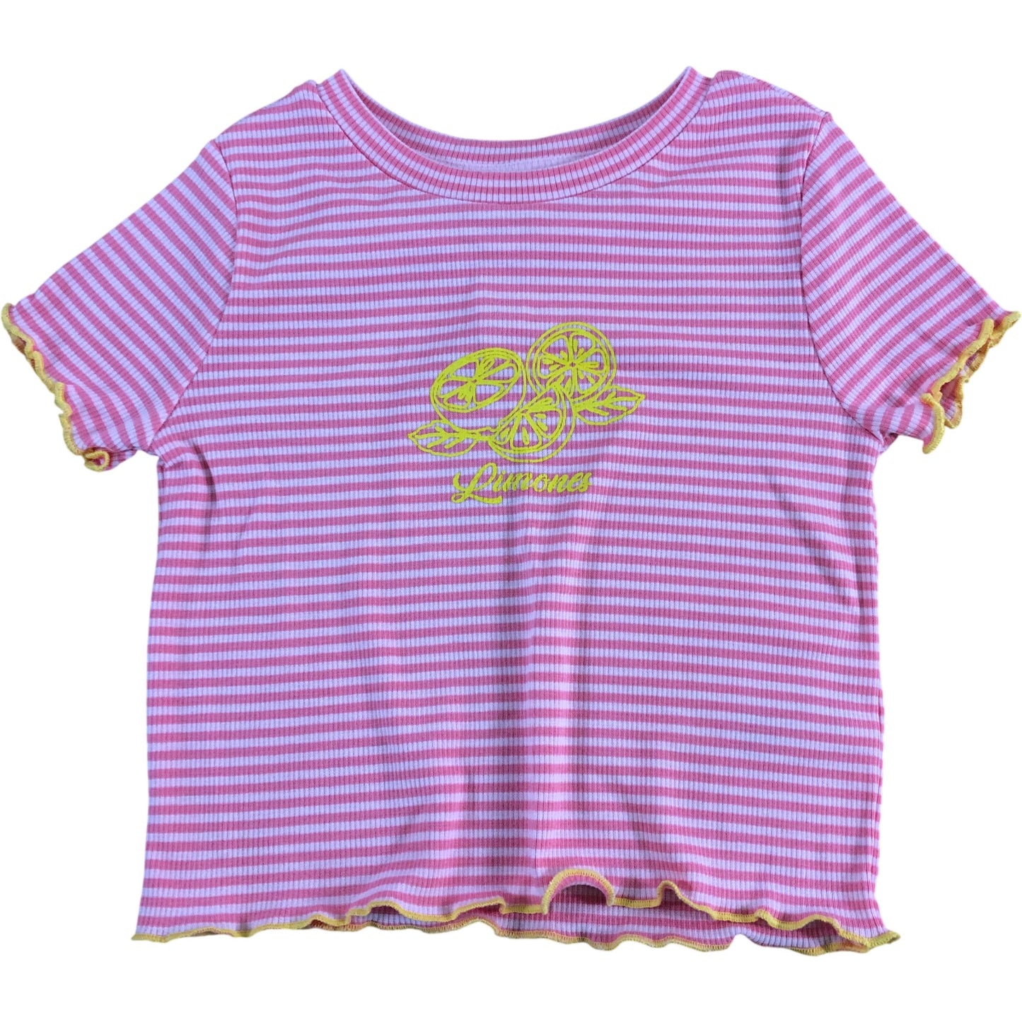 RIVER ISLAND Girls Lemon Print Top UK5-6yrs Pink Striped Short Sleeve Ruffle