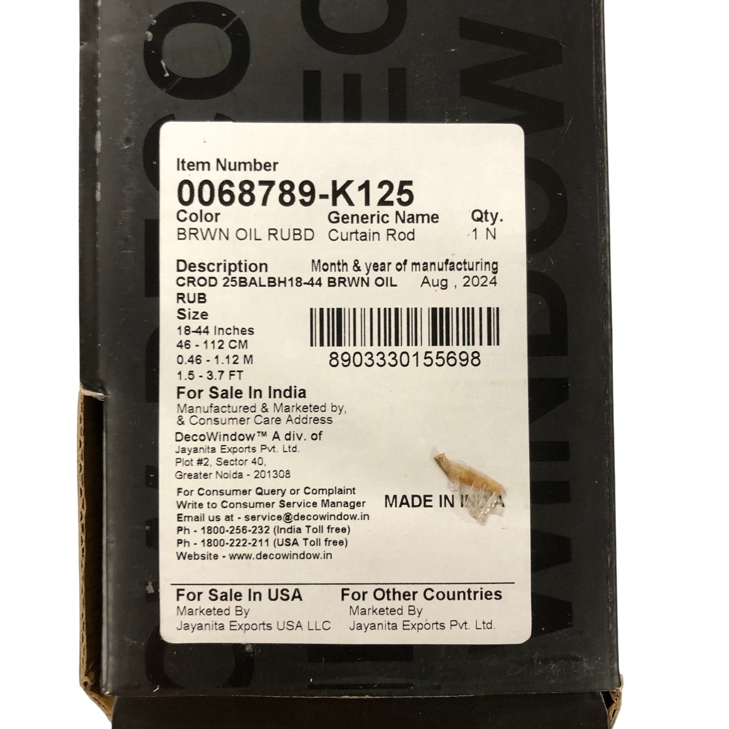 DECO WINDOW Extendable Drapery Rod 18-44 Inch Brown Oil Finish 1 Inch Diameter