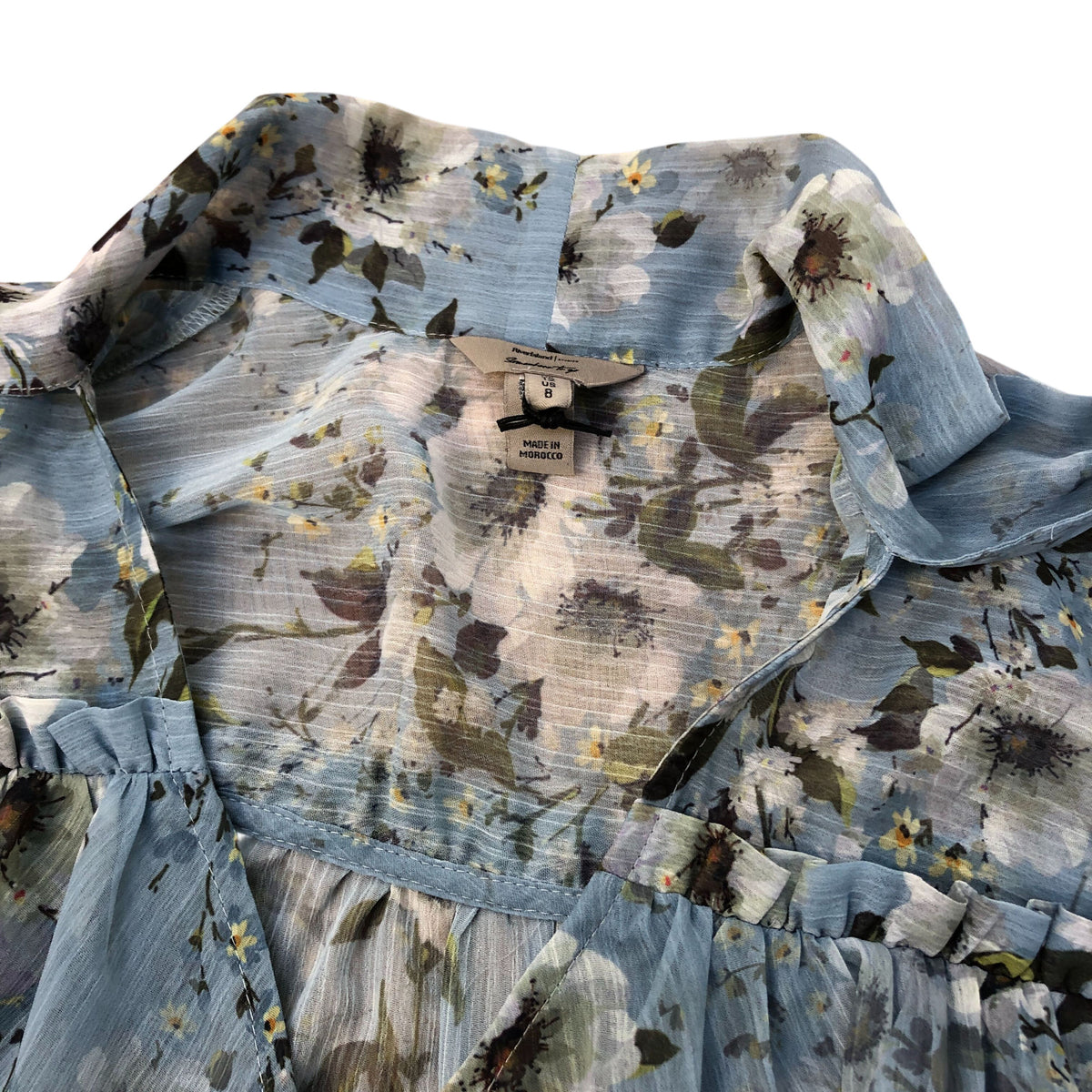 River Island Floral Print Blouse Size 12 Women's Lightweight Blue Long Sleeve