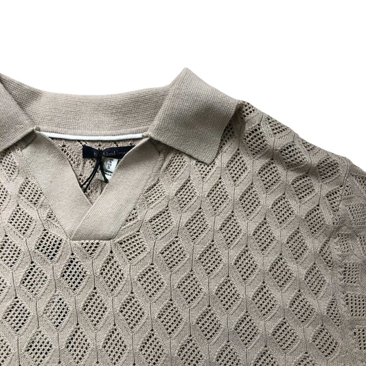 River Island V-Neck Polo Sweater Size S Beige Diamond Knit Short Sleeve
