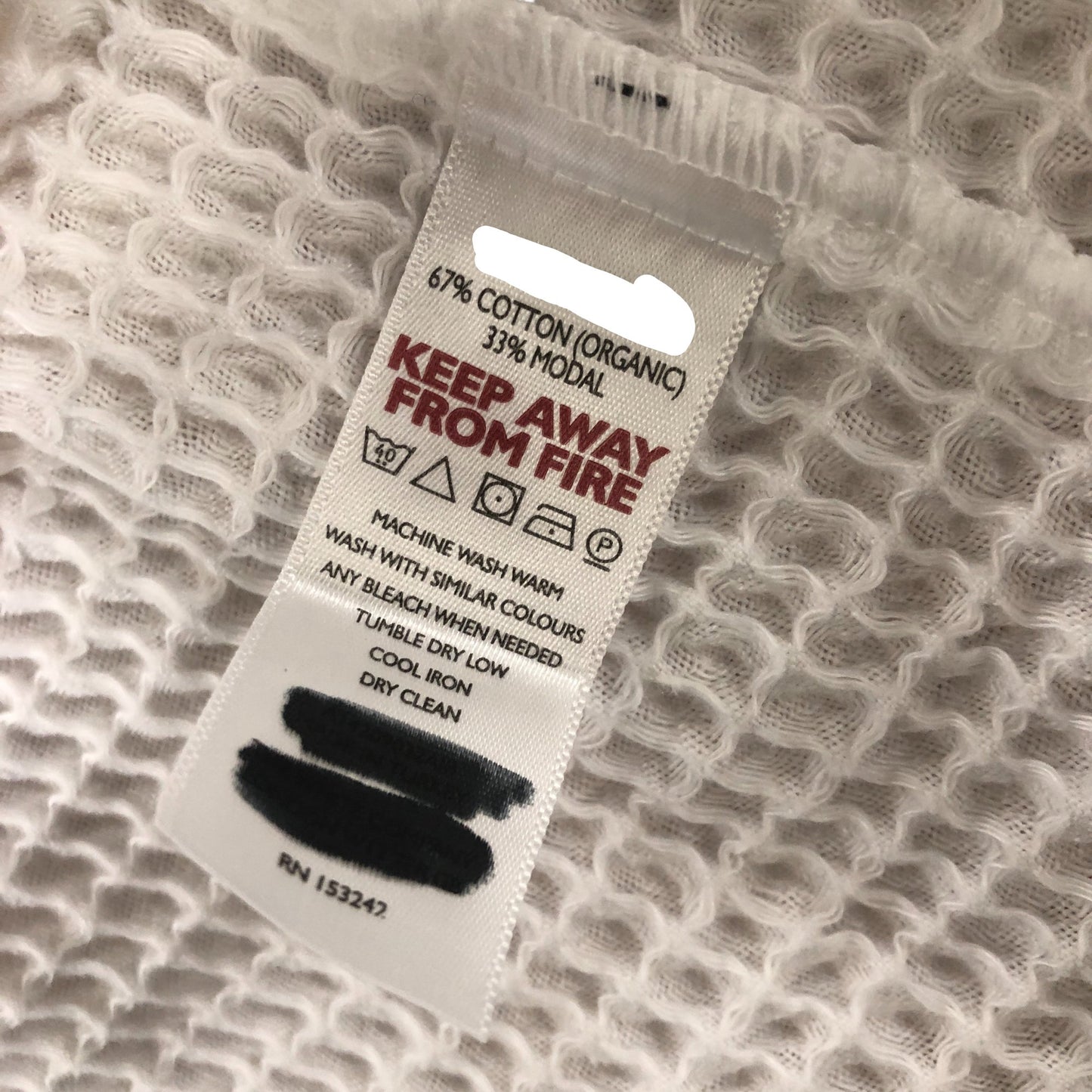 White Short Sleeved Waffle Robe Lightweight Organic Cotton Size S