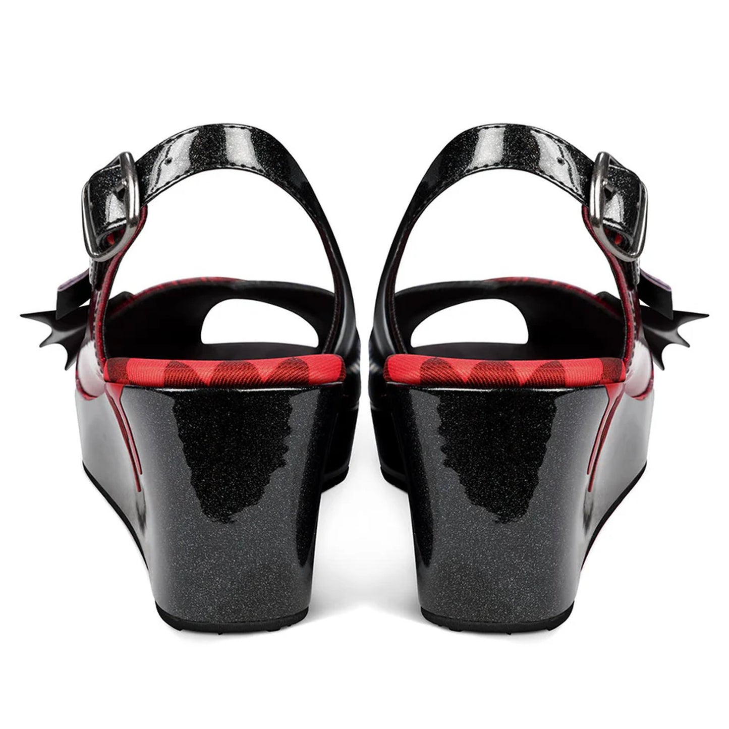 HOT CHOCOLATE DESIGN Bat Wedge Sandals UK5 Women's Black Red Glitter Slingback