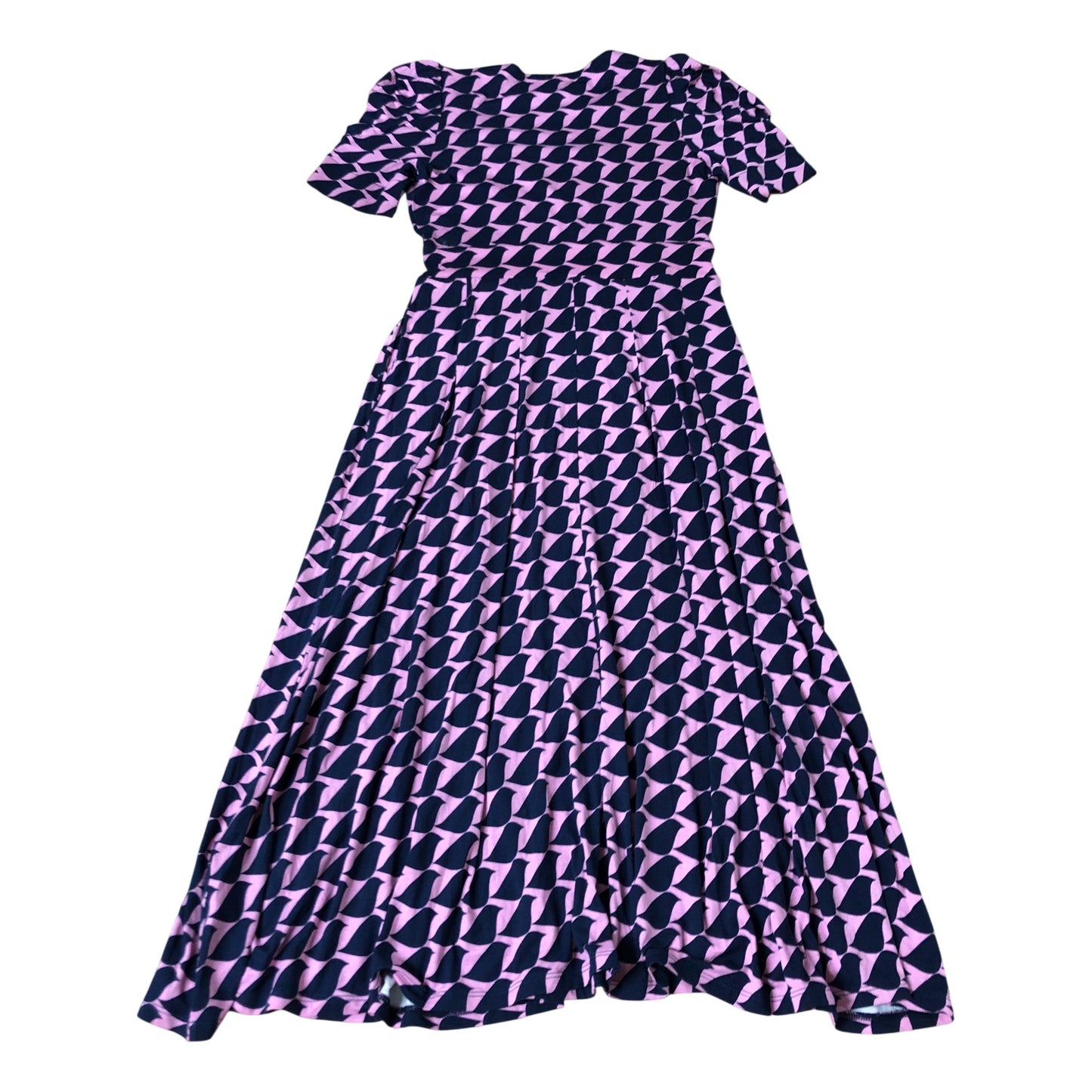 Boden Women's Midi Dress Pink Navy Geometric Bird Pattern Short Sleeve Size 8