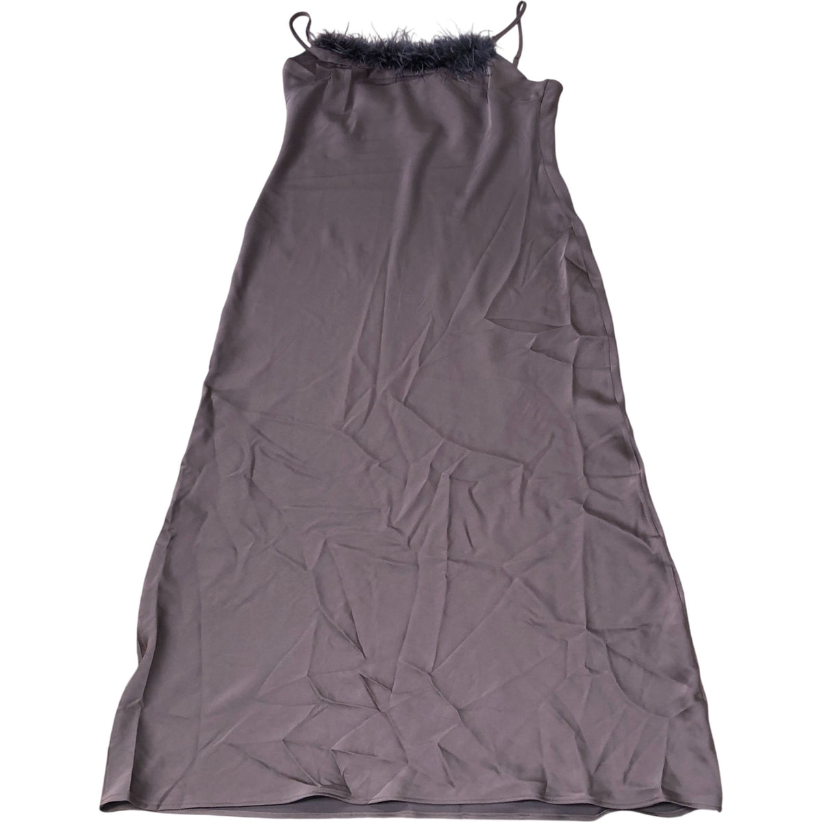River Island Brown Satin Spaghetti Strap Dress Feather Trim