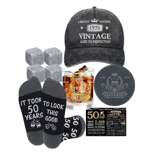 Unique Vintage 1976 Birthday Gift Set For Him With Hat Socks Glass Candle
