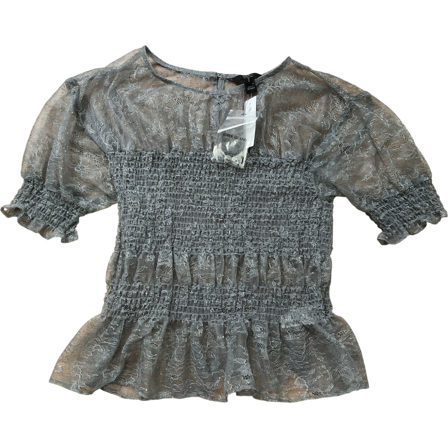 River Island Size 8 Women's Grey Lace Smock Top Short Sleeve Ruffled
