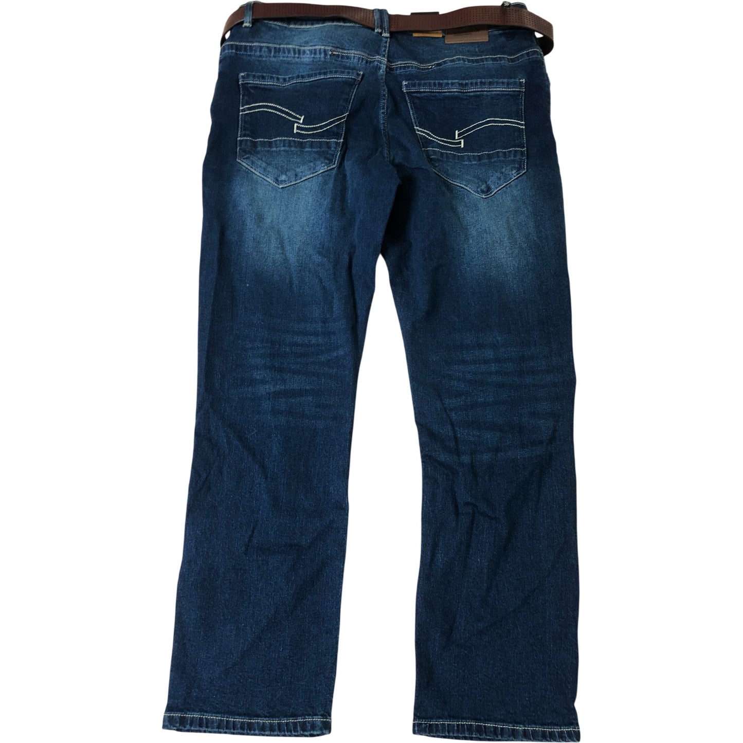 Crosshatch Farrowed 40S Men's Denim Jeans With Brown Leather Belt Dark Wash