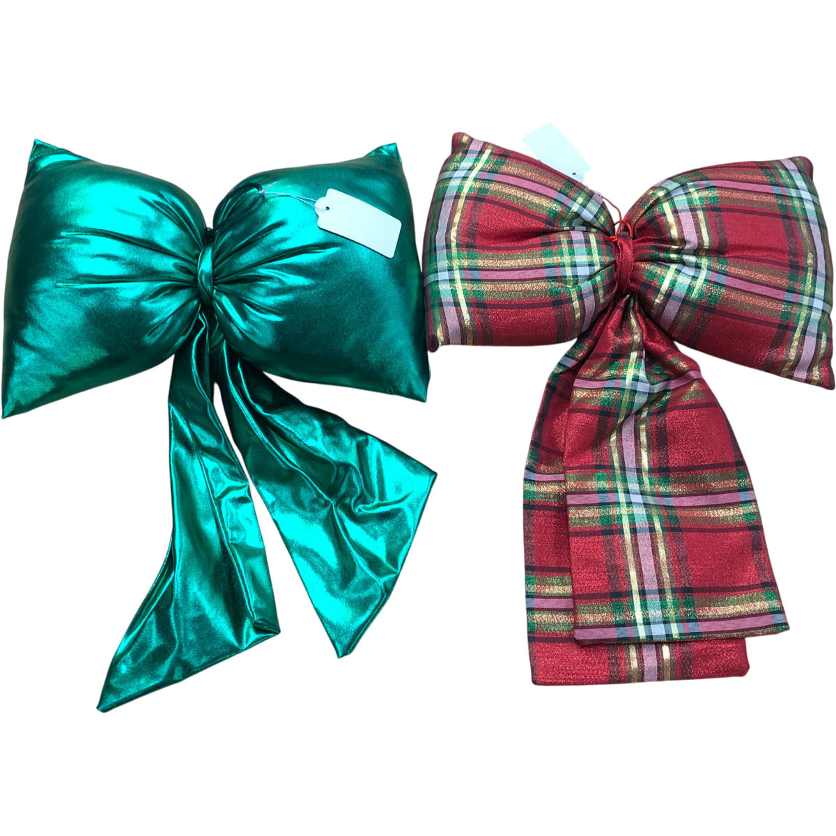 Set of Decorative Holiday Christmas Door Bows Green Satin & Red Plaid