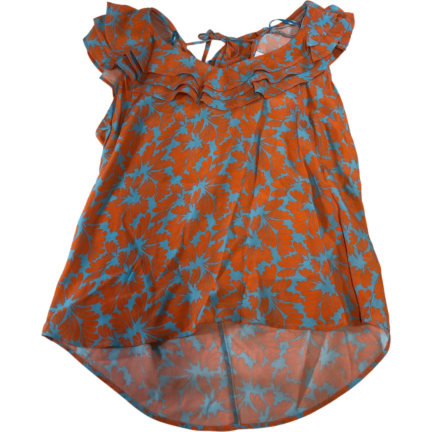 Floral Design Blouse Women's Short Sleeve Ruffle Blue Orange UK6