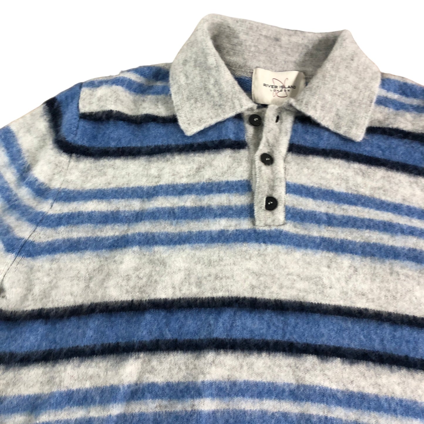 River Island Men's Casual Stripe Sweater UK S Blue Grey Long Sleeve Polo