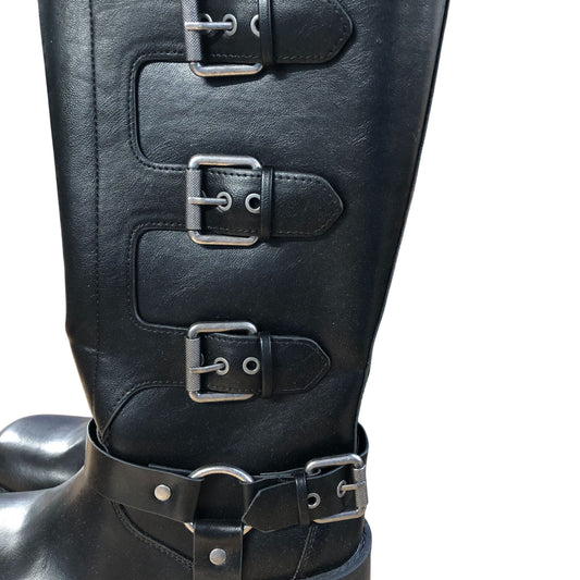 Black Faux Leather Buckle Biker Boots Size 4
