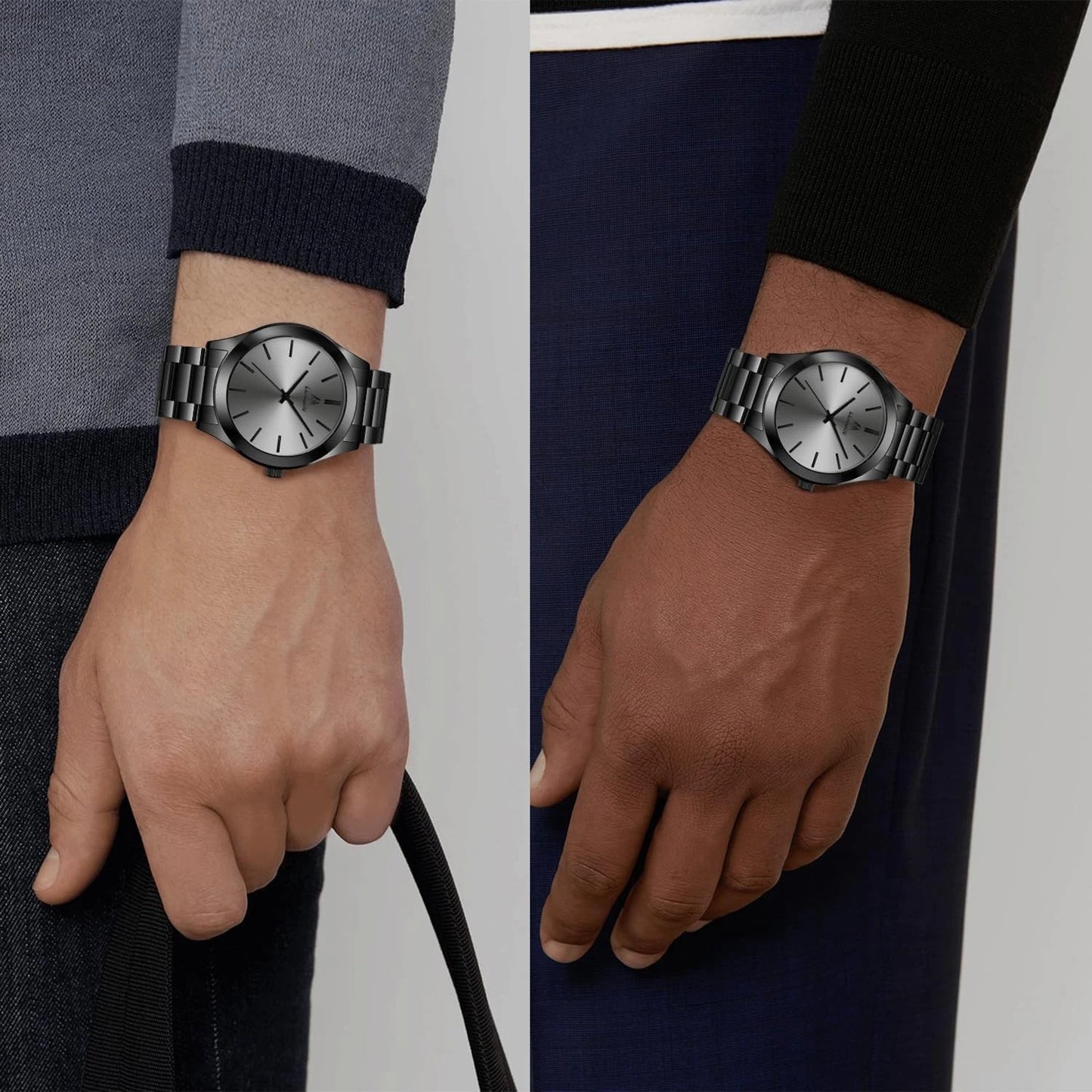 LN LENQIN Black Stainless Steel Watch Modern Quartz Men's Sports Style Band