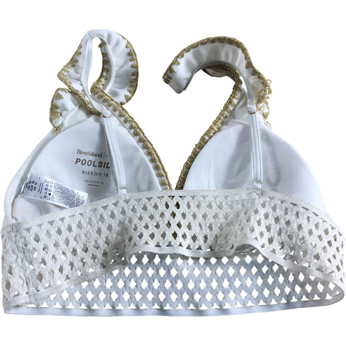 River Island Bikini Top Size UK16 Women's White Gold Trim Swimwear