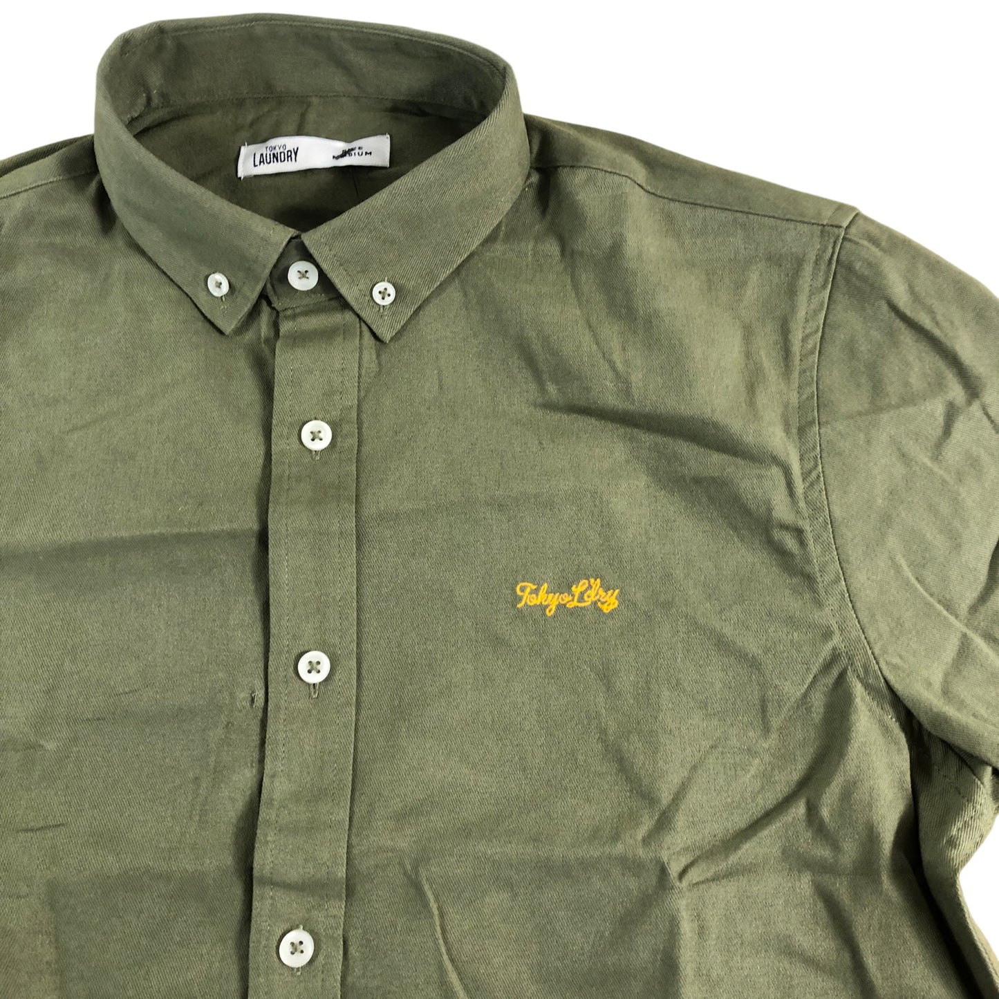 TOKYO LAUNDRY Short Sleeve Shirt Medium Men's Casual Olive Green Cotton Top