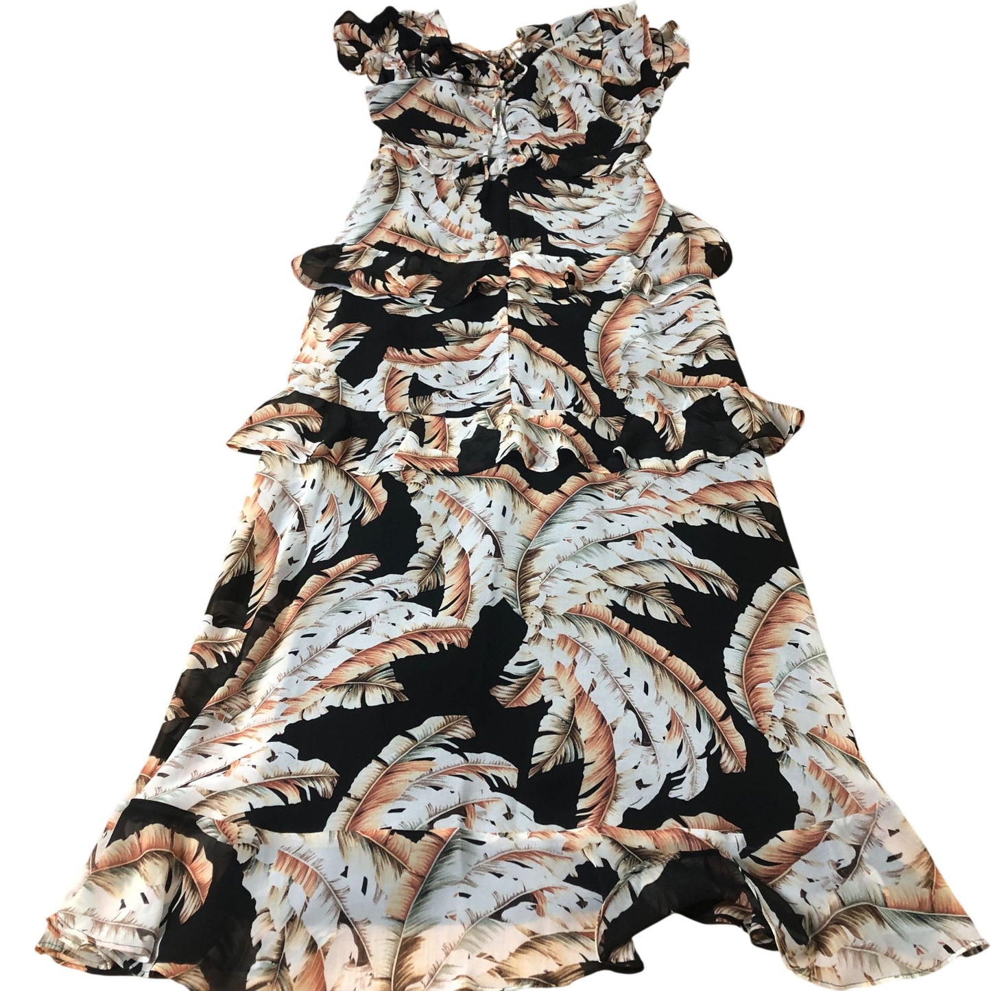 Floral Ruffle Maxi Dress Women's Black Cream Leaf Print UK8
