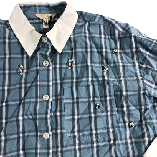 River Island Stylish Blue Plaid Women's Button Up Shirt with Embroidery Size 16