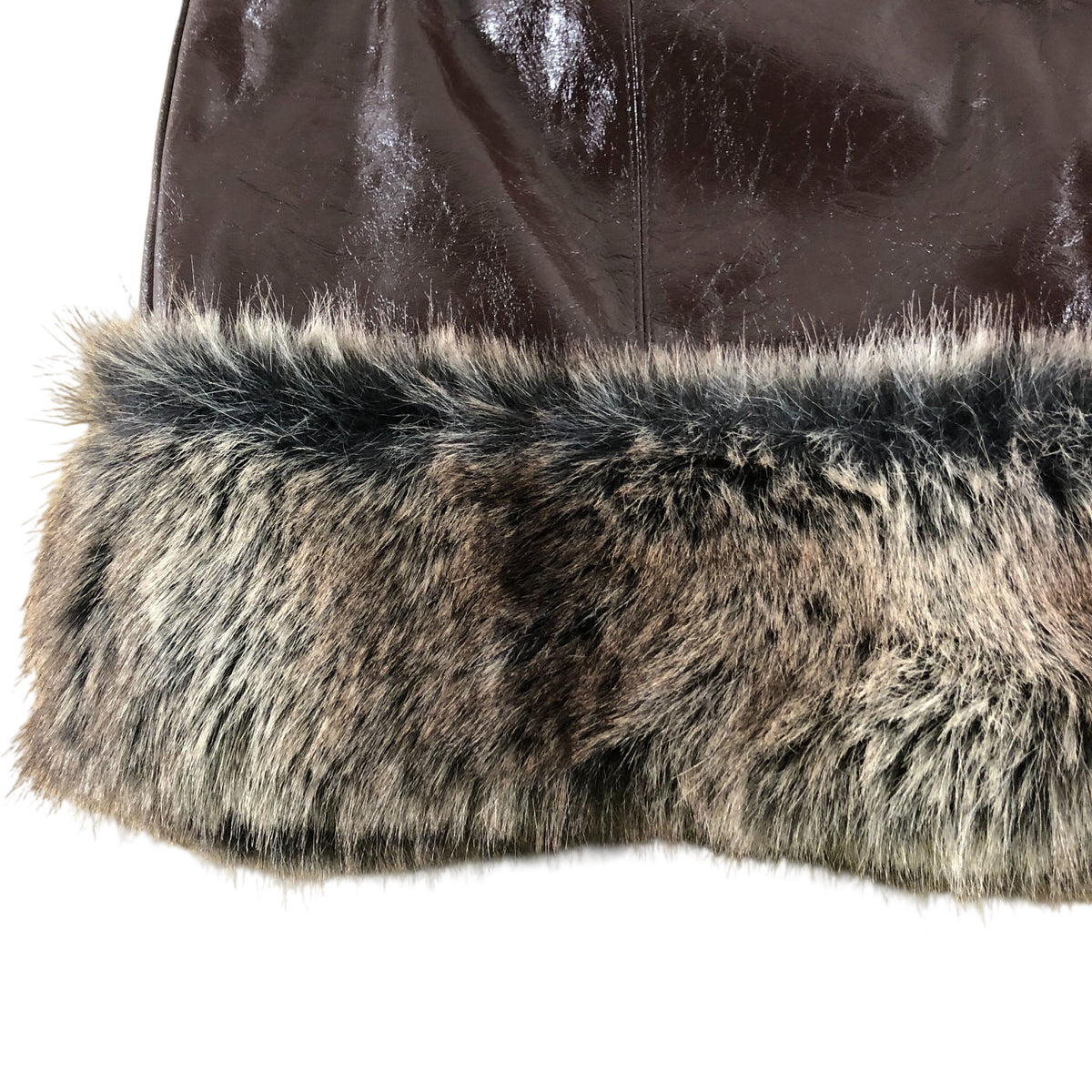 River Island Faux Fur Trim Skirt UK10 Women's Brown Patent