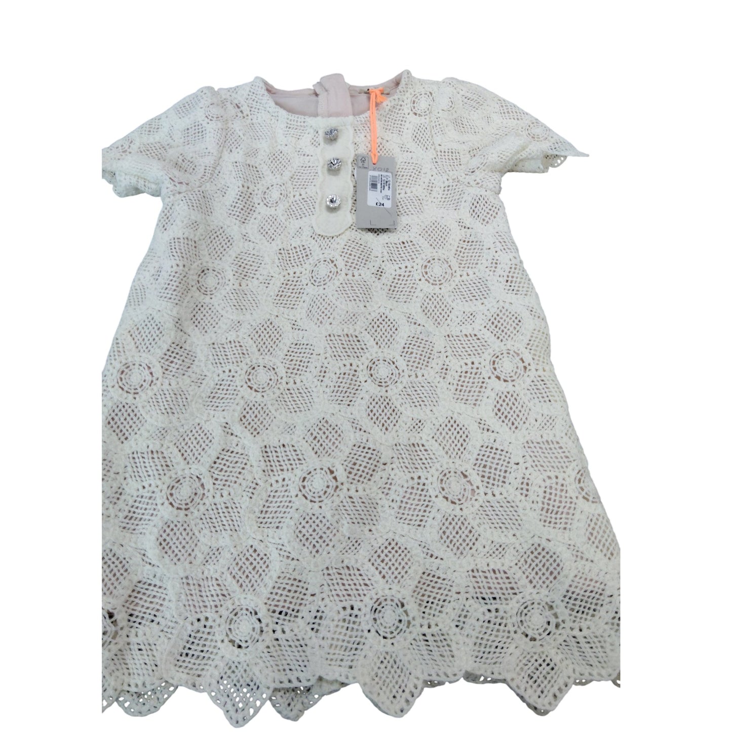 River Island Girls Cream Lace Dress Size 12-18 Months Short Sleeve Crochet Style