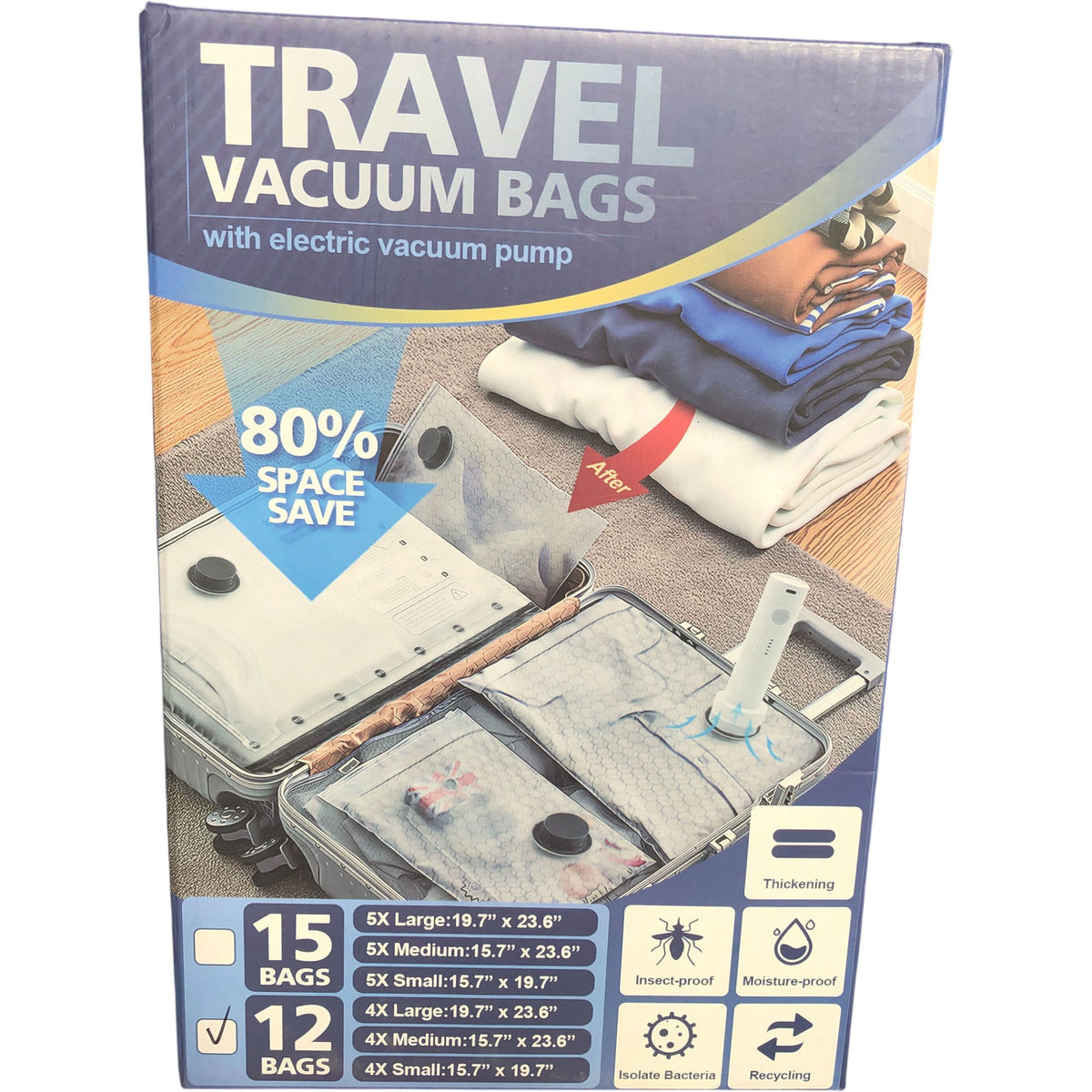 Travel Vacuum Bags With Electric Pump 80% Space Saver Pack of 12