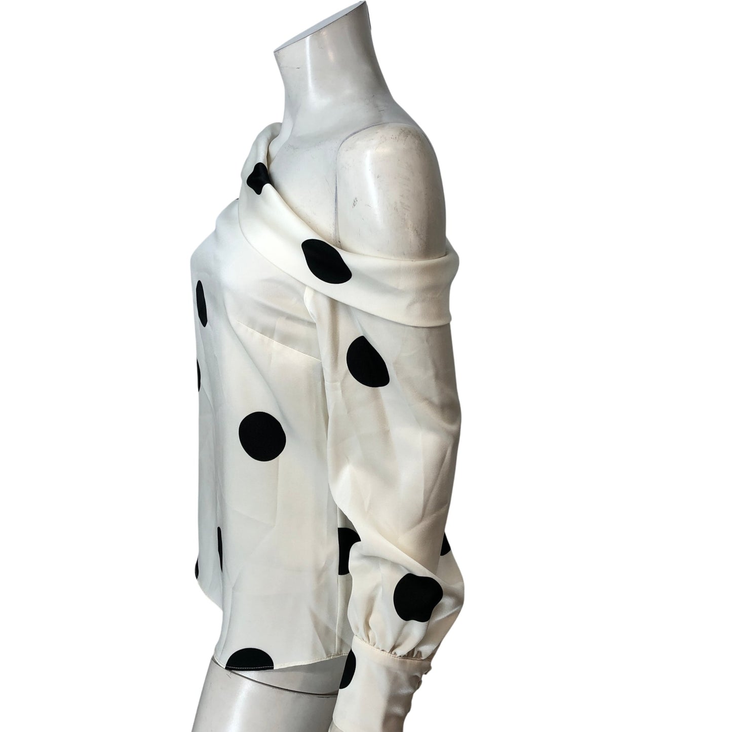 River Island Off Shoulder Blouse UK8 Women's Cream Polka Dot Satin Top