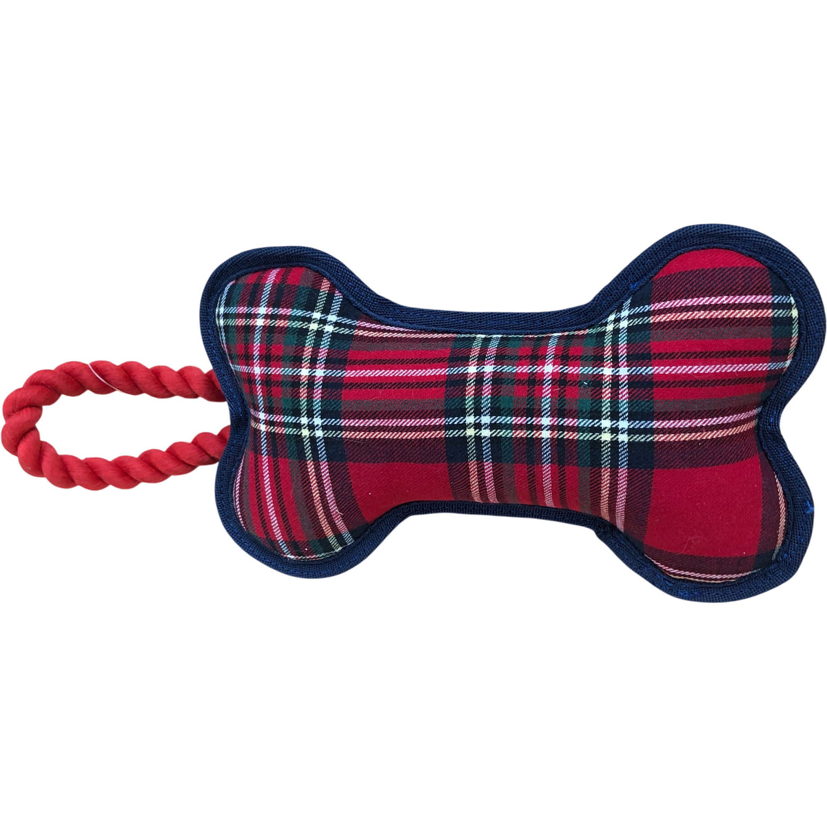 Dog Toy Plush Bone Shape Red Tartan Design with Rope Handle