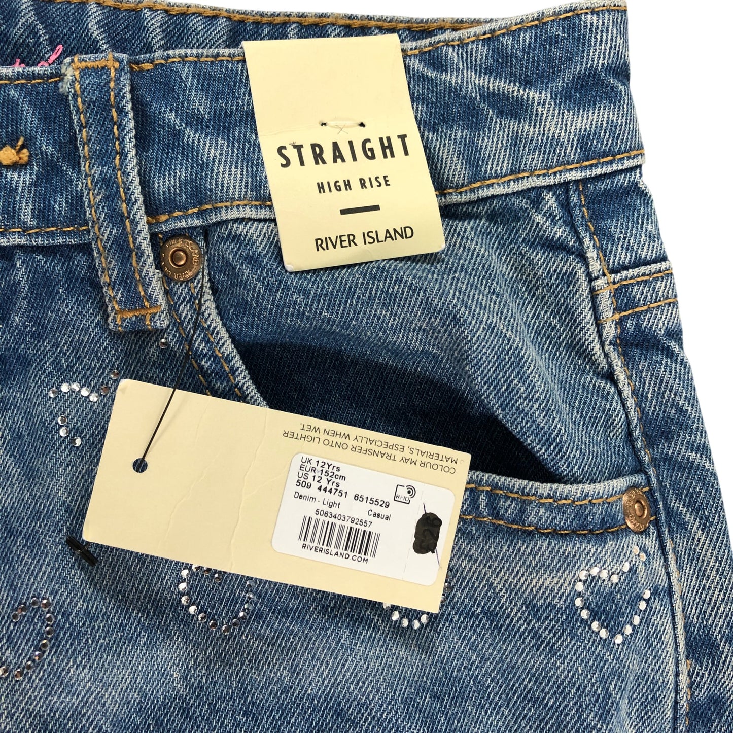 River Island Straight High Rise Jeans UK12 Girls Light Blue Denim With Hearts
