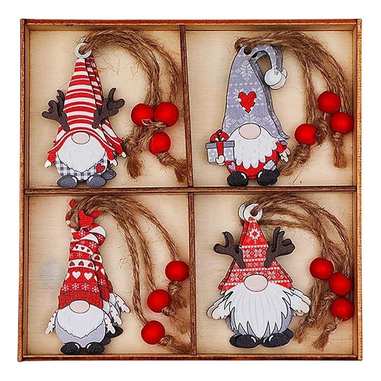 Wooden Gnome Christmas Tree Decorations Set of 12