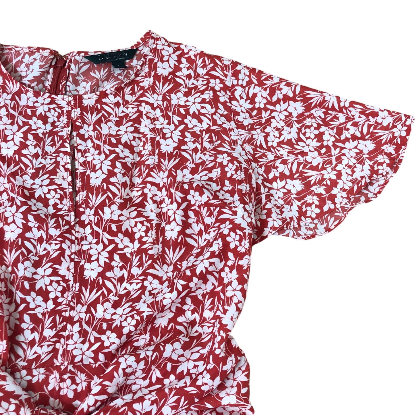 Lauren Ralph Lauren Floral Dress Size 6 Women's Red White Short Sleeve Tie