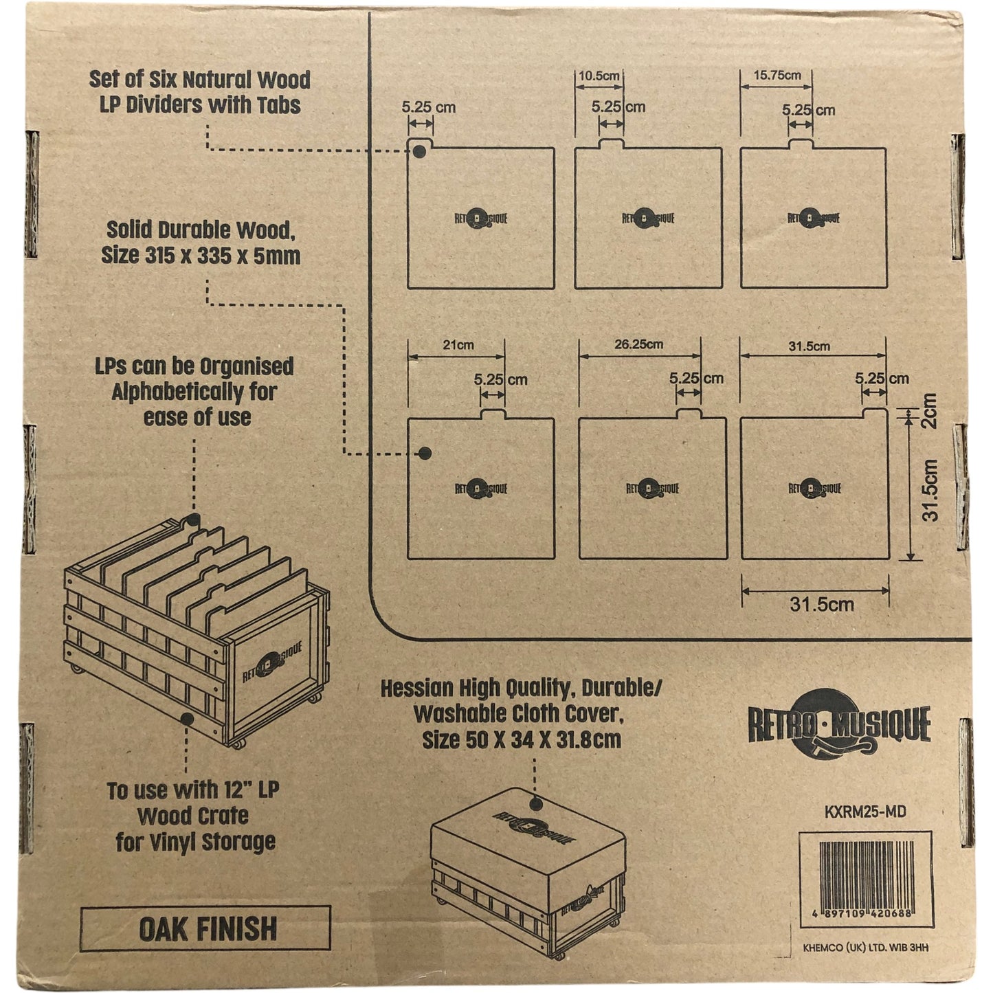 RETRO MUSIQUE Set Of Six 12 Inch Wooden LP Dividers With Hessian Cover Oak