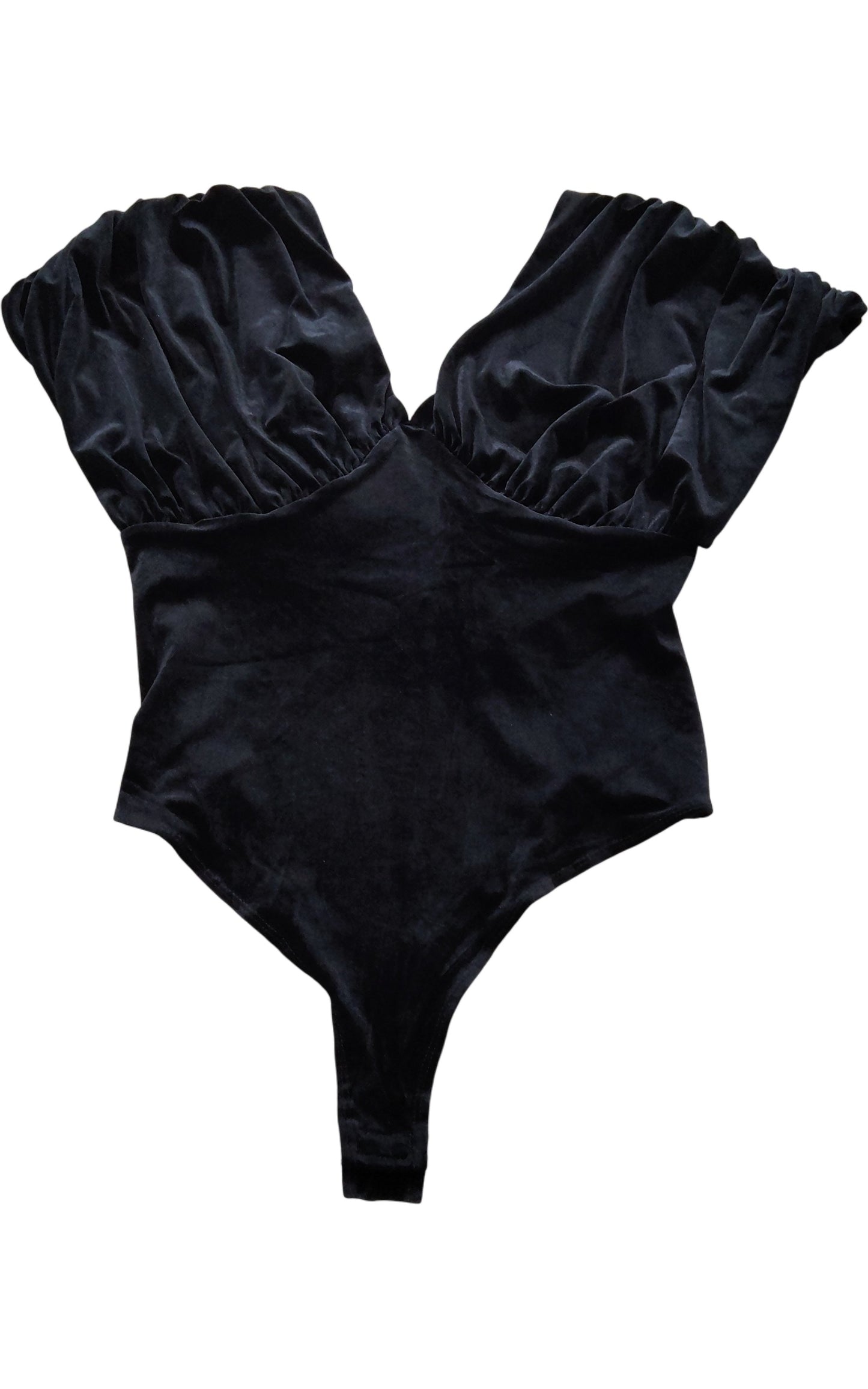 River Island Black Velvet Bodysuit UK12 Women's Puff Sleeve Sexy Top