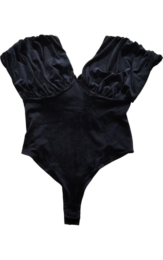 River Island Black Velvet Bodysuit UK12 Women's Puff Sleeve Sexy Top