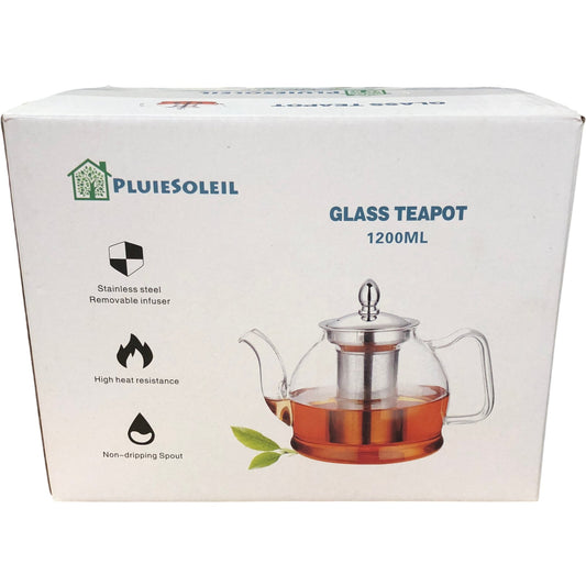 PLUIESOLEIL Glass Teapot 1200ML Handmade Glass Stainless Steel Infuser High Heat