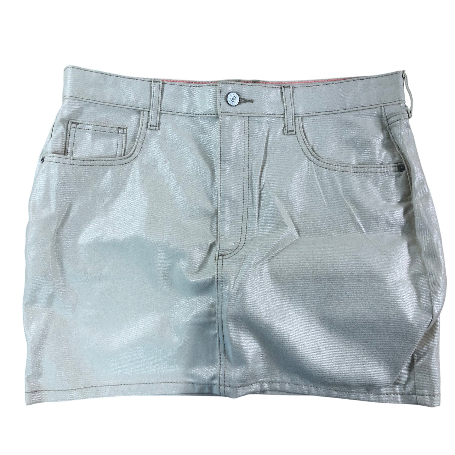 River Island Women’s Khaki Denim Mini Skirt Size 12 Shiny Summer Style