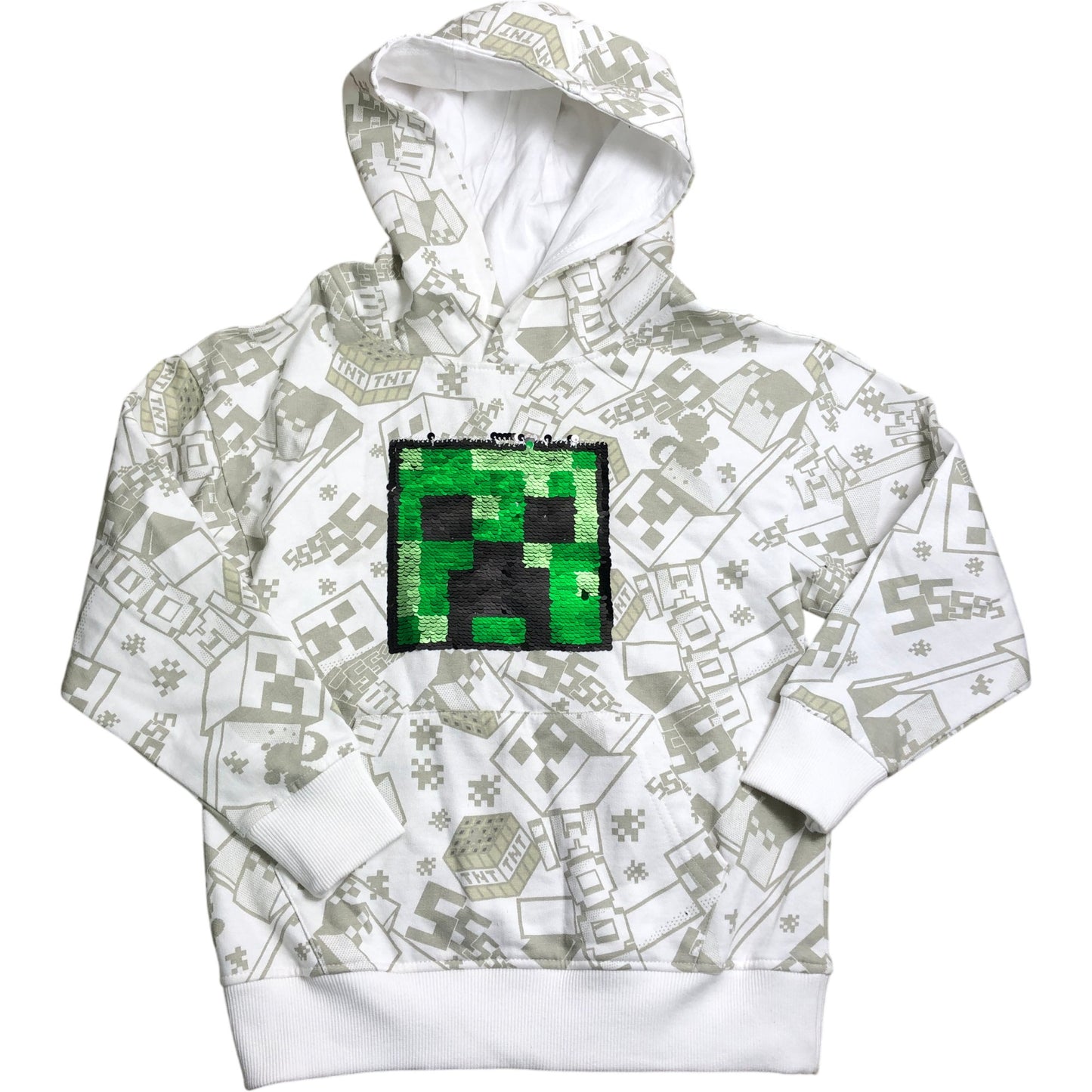 Angel & Rocket Minecraft Creeper Sequin Hoodie Boys Age 8-9 White Green