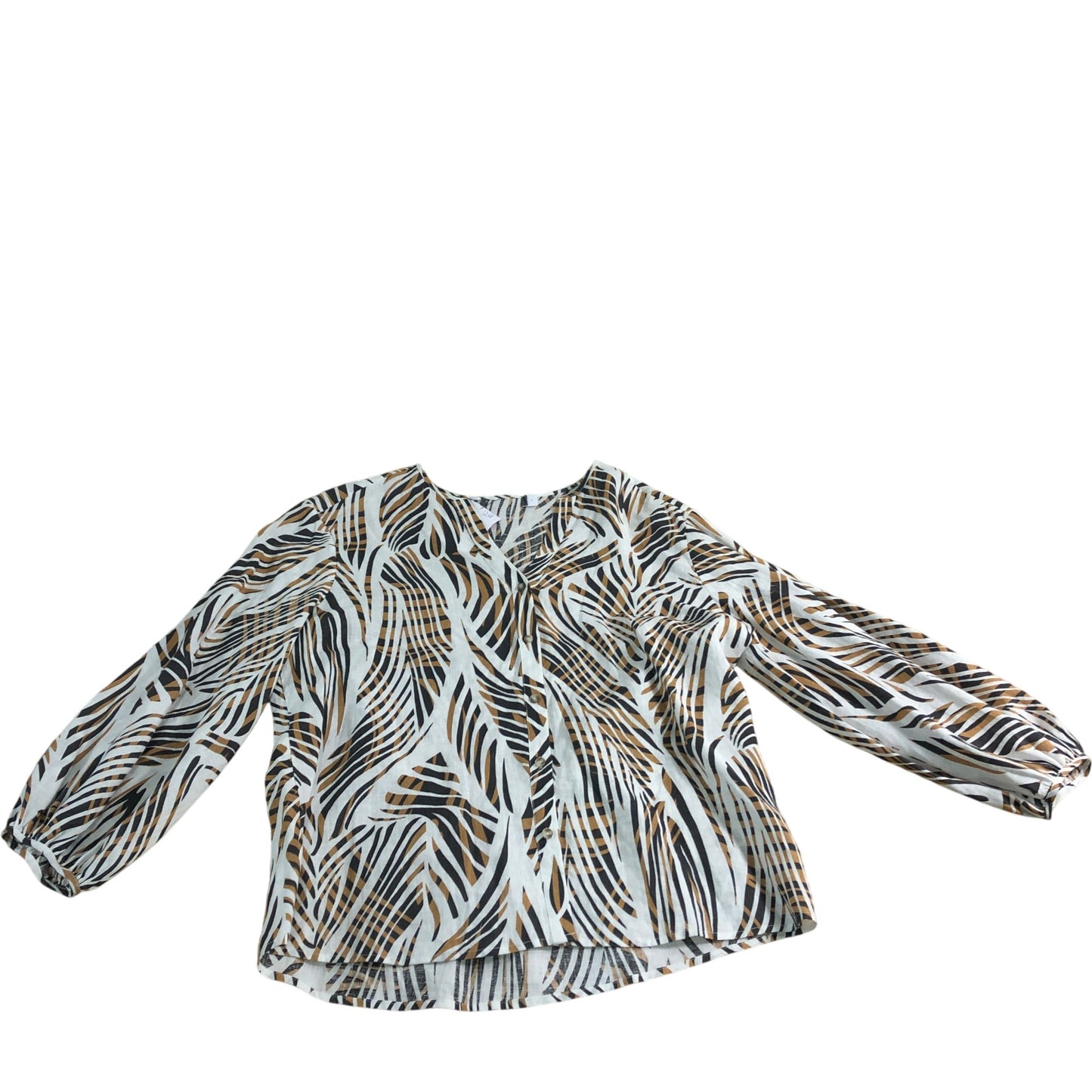 Branded Stylish Linen Blouse UK12 Women's White Brown Printed Long Sleeve Top