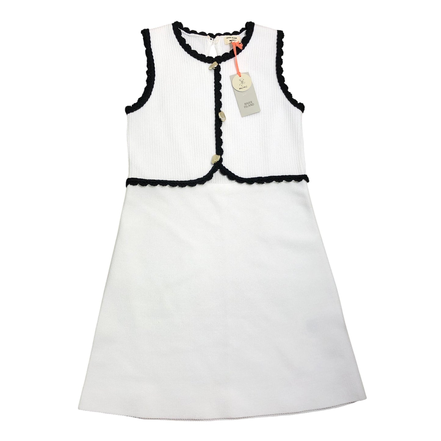 River Island Mini Girls Dress 4-5 Years White Ribbed Style With Black Trim
