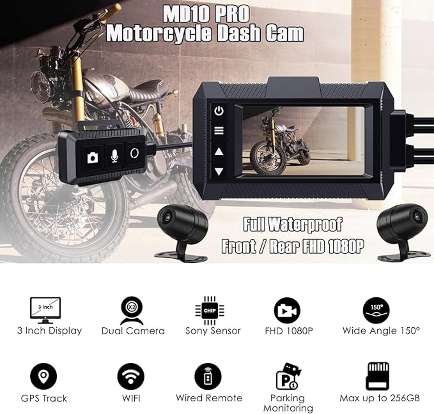 YDI Pro Motorcycle Dash Cam Dual Camera FHD 1080P WiFi Waterproof GPS