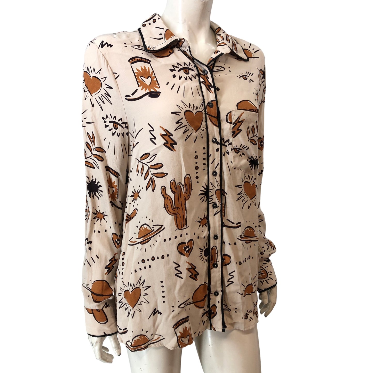 River Island Studios Relaxed Casual Shirt UK14 Women's Beige Light Pattern