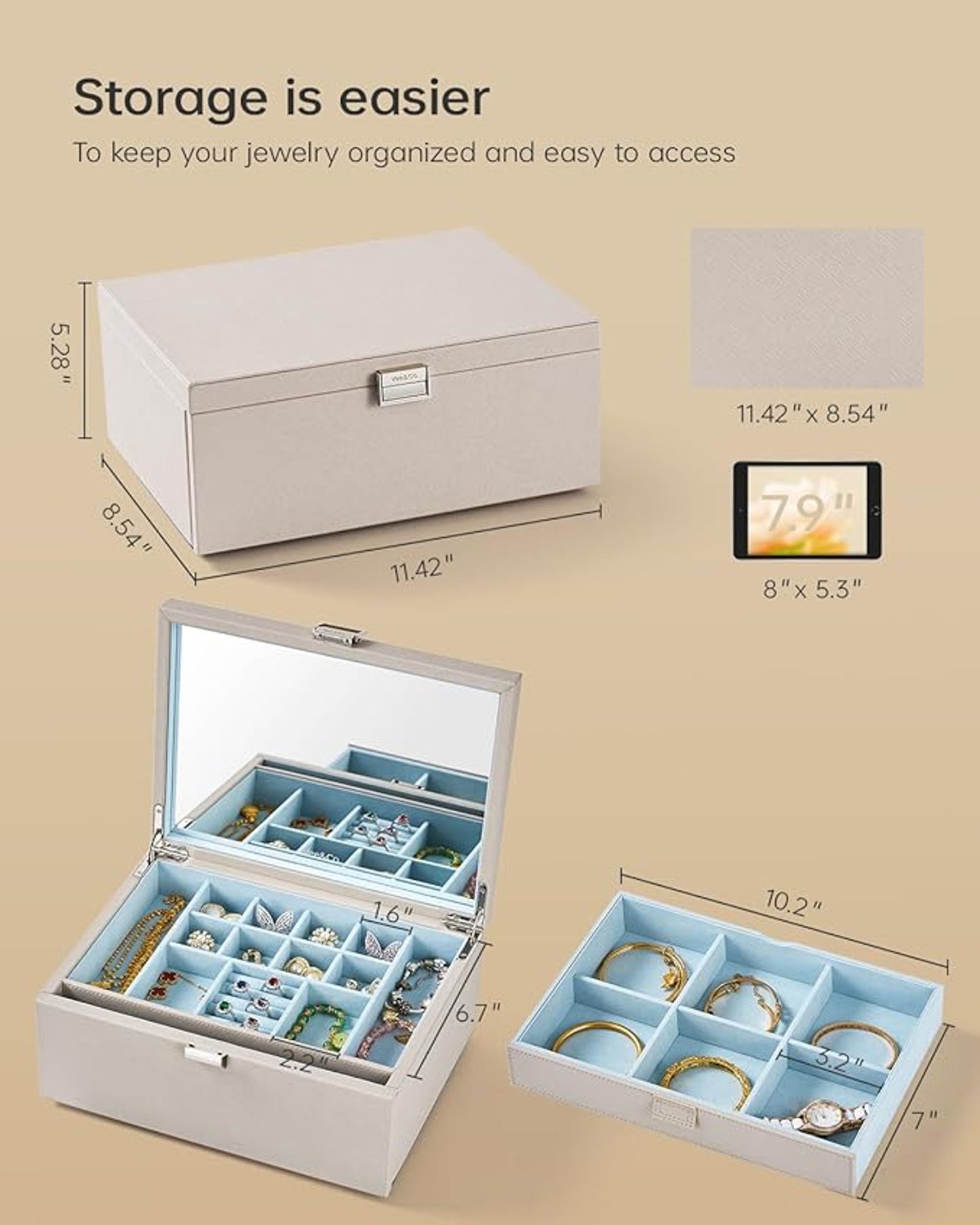 Vee&Co Jewellery Organiser Grey And Blue 2 Layers With Mirror
